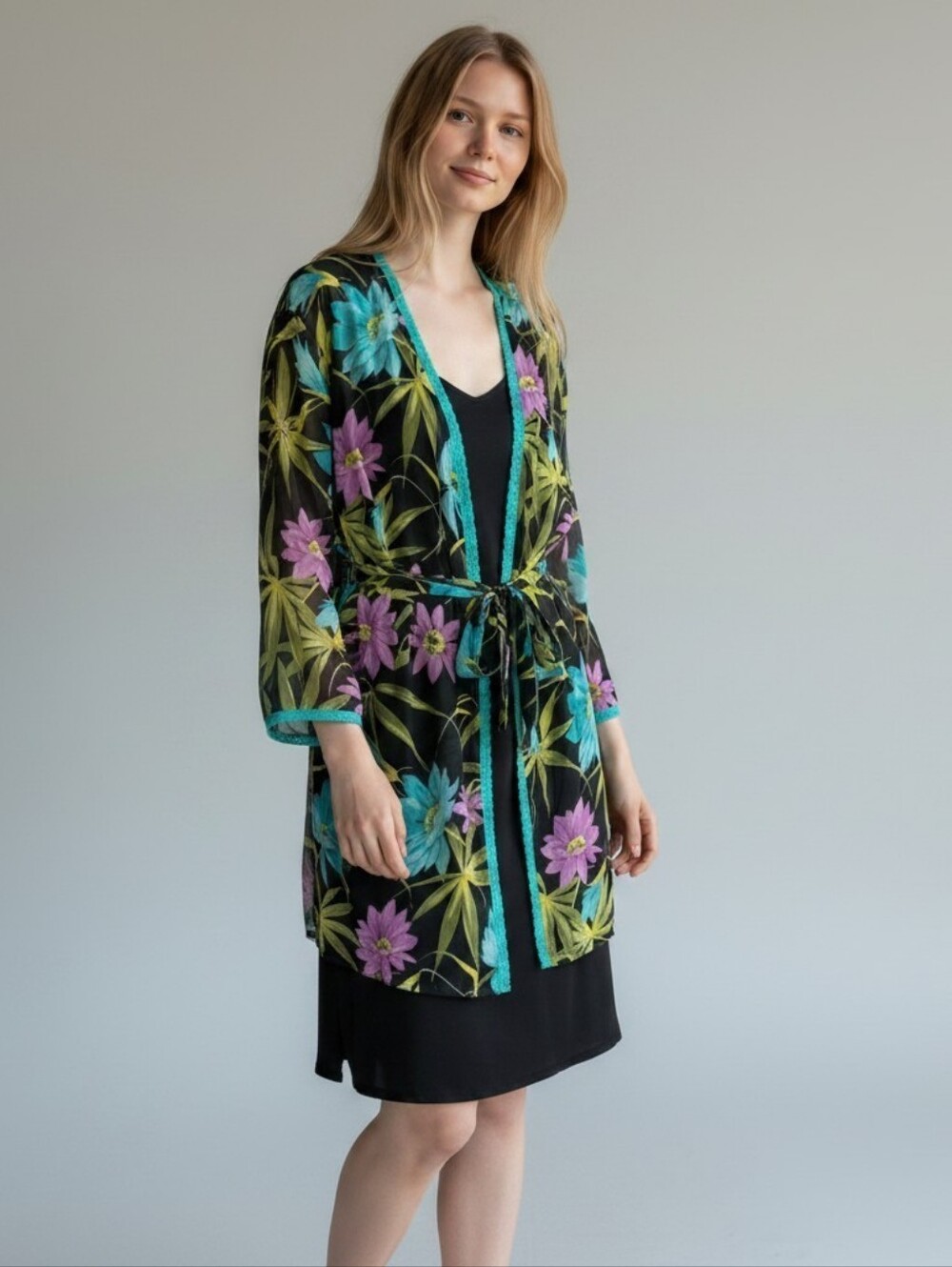 Valerie Stevens botanical floral‎ robe black teal pink size small